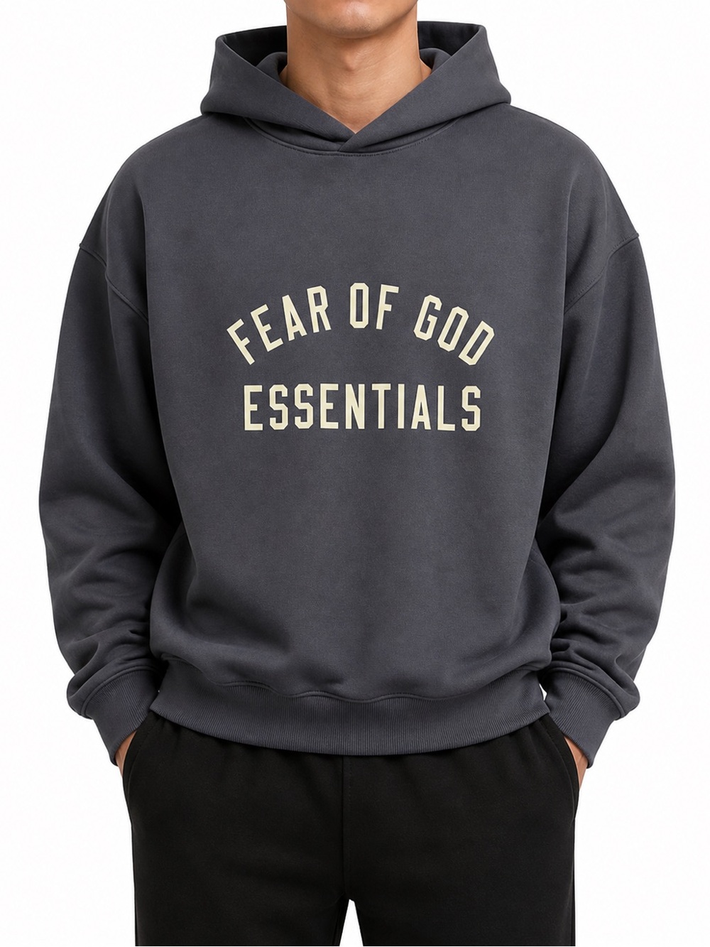 NWT Fear of God Essentials Charcoal Hoodie with Cream Logo Men Sz Lg